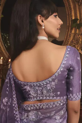 purple tissue organza embroidered work saree