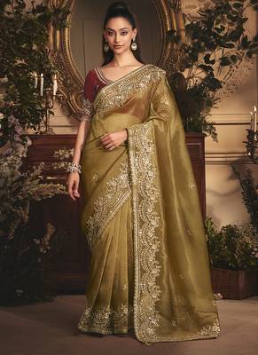 golden tissue organza embroidered work saree 1