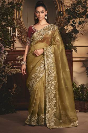 Designer golden tissue organza saree with all over butta work & heavy stone embellished border