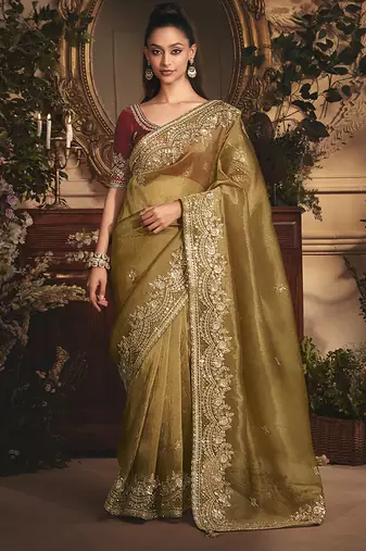 Designer golden tissue organza saree with all over butta work & heavy stone embellished border