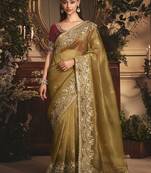 Designer golden tissue organza saree with all over butta work & heavy stone embellished border