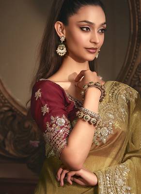 golden tissue organza embroidered work saree 2