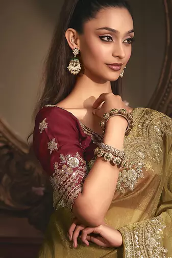 golden tissue organza embroidered work saree