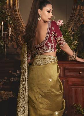 golden tissue organza embroidered work saree 3
