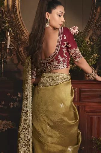 golden tissue organza embroidered work saree