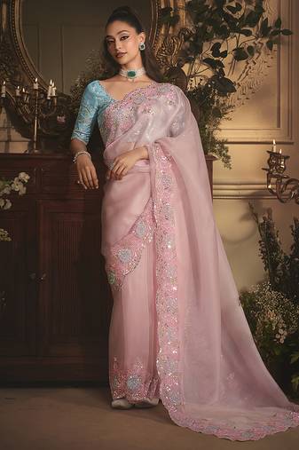Designer light pink tissue organza saree with all over butta work & heavy stone embellished border