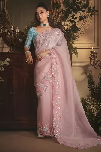 Designer light pink tissue organza saree with all over butta work & heavy stone embellished border