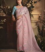 Designer light pink tissue organza saree with all over butta work & heavy stone embellished border