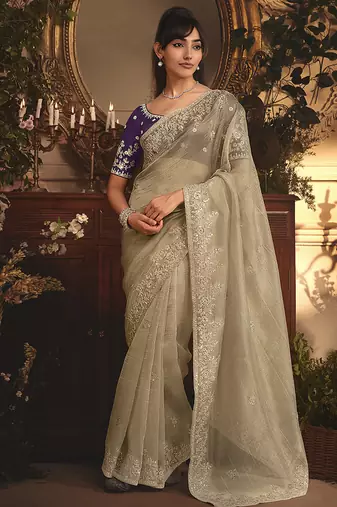 Designer beige tissue organza saree with all over butta work & heavy stone embellished border