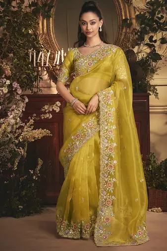 Designer mustard tissue organza saree with all over butta work & heavy stone embellished border