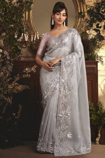 Designer light grey tissue organza saree with all over butta work & heavy stone embellished border