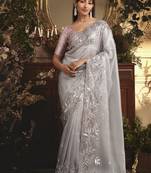 Designer light grey tissue organza saree with all over butta work & heavy stone embellished border