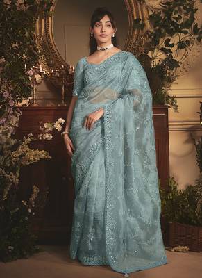 aqua blue tissue organza embroidered work saree 1