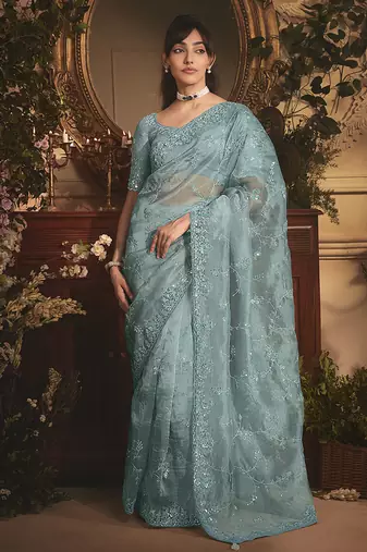 Designer aqua blue tissue organza saree with all over butta work & heavy stone embellished border