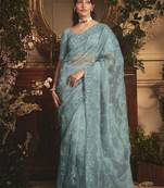 Designer aqua blue tissue organza saree with all over butta work & heavy stone embellished border