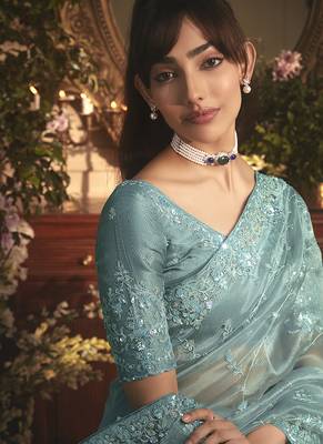 aqua blue tissue organza embroidered work saree 2