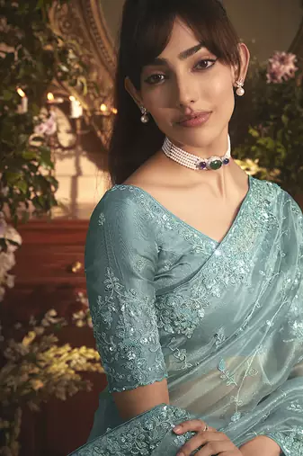 aqua blue tissue organza embroidered work saree