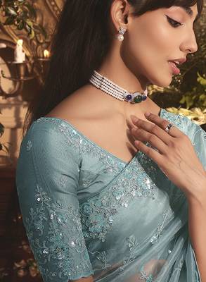 aqua blue tissue organza embroidered work saree 3