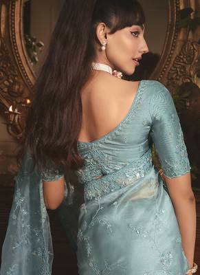 aqua blue tissue organza embroidered work saree 4