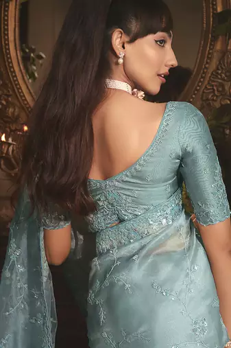 aqua blue tissue organza embroidered work saree