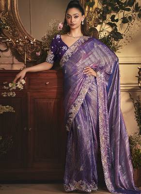 purple tissue organza embroidered work saree 1