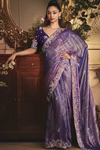 Designer purple tissue organza saree with all over butta work & heavy stone embellished border