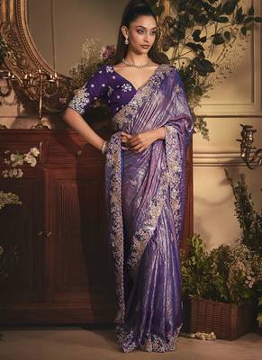 purple tissue organza embroidered work saree 2