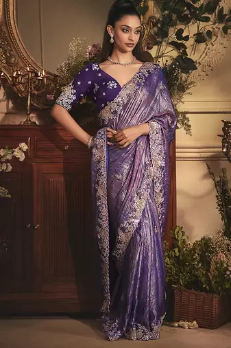 purple tissue organza embroidered work saree