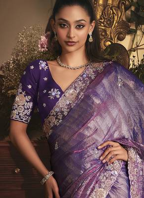purple tissue organza embroidered work saree 3