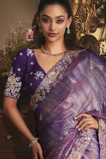 purple tissue organza embroidered work saree