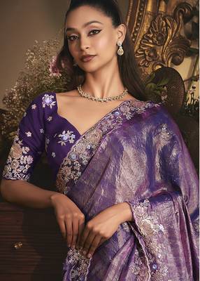 purple tissue organza embroidered work saree 4