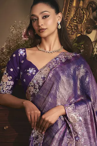 purple tissue organza embroidered work saree