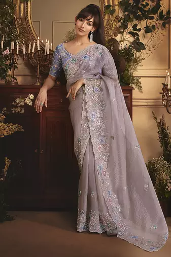 Designer light lilac tissue organza saree with all over butta work & heavy stone embellished border