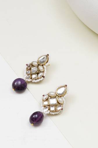 Regal kundan & pearl drop pink earrings