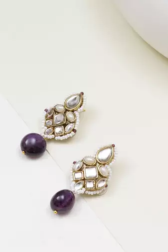 Regal kundan & pearl drop pink earrings