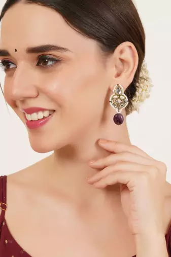 Regal kundan & pearl drop pink earrings