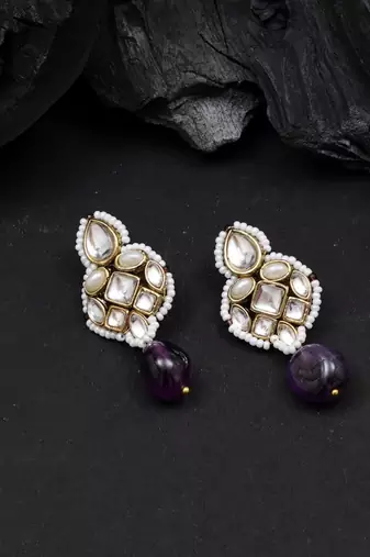 Regal kundan & pearl drop pink earrings