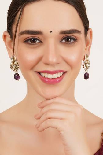 Regal kundan & pearl drop pink earrings