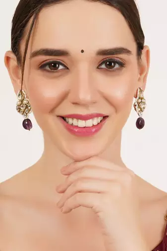 Regal kundan & pearl drop pink earrings