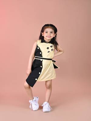 Yellow & black plain blended cotton dress 1