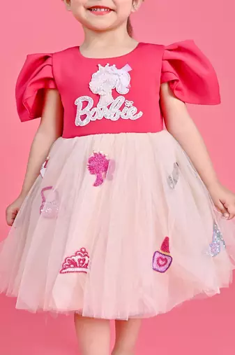 Pink embroidered faux polyester dress
