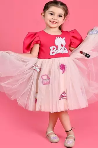 Pink embroidered faux polyester dress