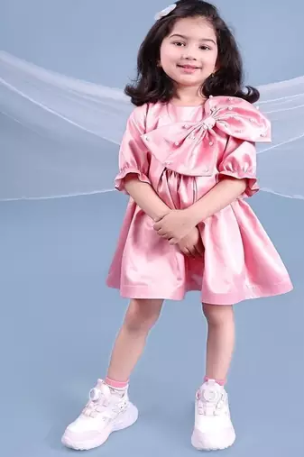 Pink embroidered satin dress paired with jacket