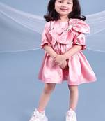 Pink embroidered satin dress paired with jacket