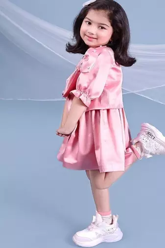 Pink embroidered satin dress paired with jacket