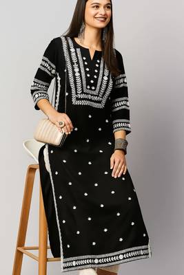 Woman Embroidered Black Rayon Kurti 1