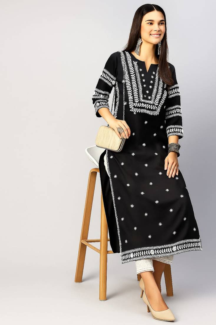 Woman Embroidered Black Rayon Kurti