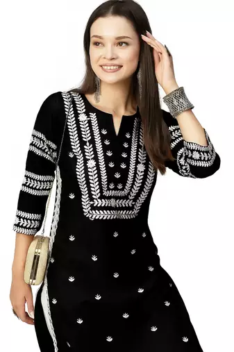 Woman Embroidered Black Rayon Kurti