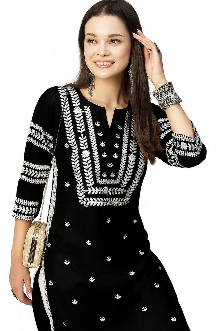 Woman Embroidered Black Rayon Kurti