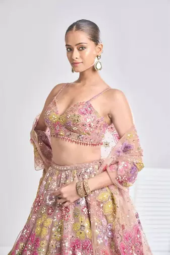 Chiku Color Multi-Color Thread Embroidery,Coding Work Sequins Work Faux Georgette Lehenga Choli